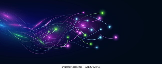 Glowing neural connectors analyze big data. Artificial intelligence and Neural network concept. Futuristic digital background. Vector illustration. EPS 10.