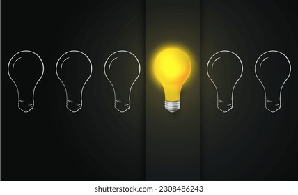 Glowing new idea light bulb isolated on dark background with drawn light bulbs.