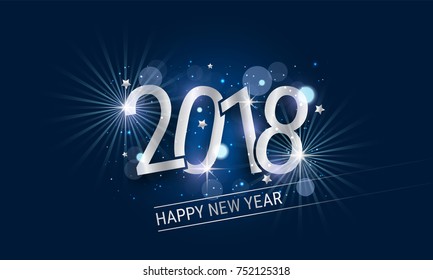 Glowing New Year banner with silver inscription 2018, stars and glitter. Vector illustration for your greeting card or postcard.