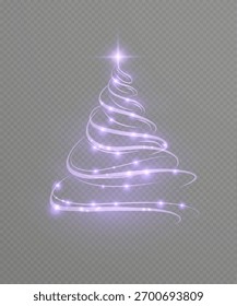 Ein glühender Neujahrsbaum aus einer Neonspirale mit Stern und Lichtern auf transparentem Hintergrund. Geeignet für Weihnachts- und Neujahrsdesigns.
