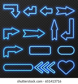 Glowing in night neon light outlined signs arrows and symbols set on black background isolated vector illustration 