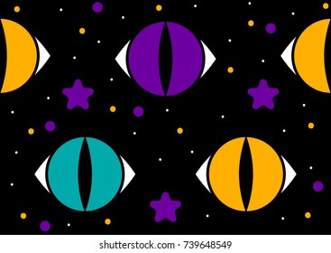 Glowing in night sky eyes of cats. Fabulous background. Seamless pattern with stars. - Stock vector