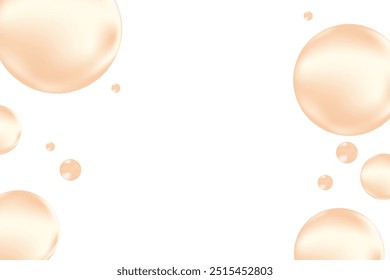 Glühende nacktbeige flüssige 3D-Blasen oder flüssige Serumtröpfchen einzeln auf transparentem Hintergrund. Ästhetische Komposition für Kosmetologie, Schönheitswissenschaft, Hautpflege und molekulares Konzept.