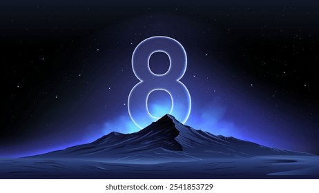 Glowing Number Eight Over a Celestial Mountain–Striking Design for Countdown or Launch Events