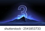 Glowing Number Three Over a Celestial Mountain–Striking Design for Countdown or Launch Events