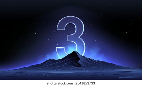 Glowing Number Three Over a Celestial Mountain–Striking Design for Countdown or Launch Events