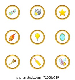 Glowing object icons set. Cartoon style set of 9 glowing object vector icons for web design