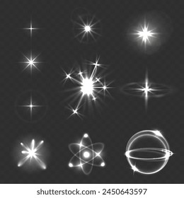 Glowing objects white glow, stars, glare, sparks, particles, explosion, isolated. Vector illustration.