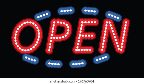 Glowing open neon display sign in a window. Vector illustration.