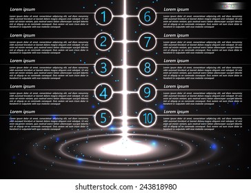 Glowing Options Template, Glowing Circle & Line  Elements On Black Background. 10 Steps. Business Infographics, Step Presentation, Vector Illustration