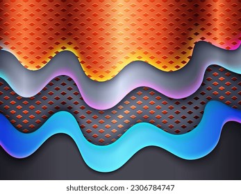 Glowing orange and blue laser lines abstract hi-tech banner. Fluid gradient dark geometric futuristic composition. Suit for poster, social media template, cover, annual report, business report