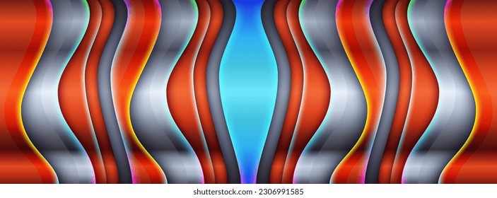 Banner de alta tecnología abstracto de líneas láser color naranja y azul. Elementos de neón vectorial con degradado de fluido composición futurista geométrica oscura