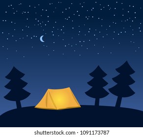 Glowing orange camping tent among fir trees at night, under clear skies with moon and stars, vector