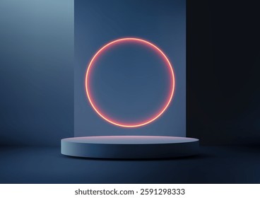 glowing orange circle hovers above a 3d gray platform, set against a dark blue backdrop. minimalist, modern, and surreal tech concept perfect for product displays, mockups, and creative projects