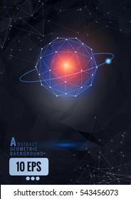 Glowing orange energy force in triangle abstract geometric sphere on dark polygonal dark gray background