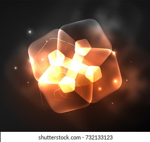 Glowing orange glass transparent pentagans, geometric abstract digital background. Vector illustration