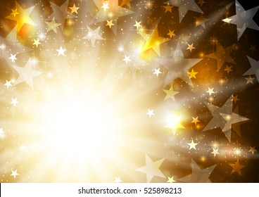 Glowing orange golden background with stars and beams. Vector celebration bright graphic starry design