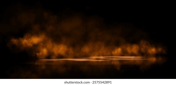 A glowing orange haze with sparkling embers stretches in a horizontal flow against a black backdrop, creating a smoky and fiery visual.