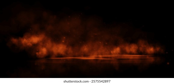 A glowing orange haze with sparkling embers stretches in a horizontal flow against a black backdrop, creating a smoky and fiery visual.