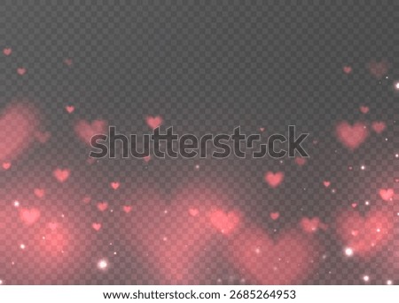 Glowing orange hearts with a bokeh effect, soft blur, and glitter scattering on a transparent background. A background lighting effect for Valentine's Day, wedding designs, and holiday overlays.
