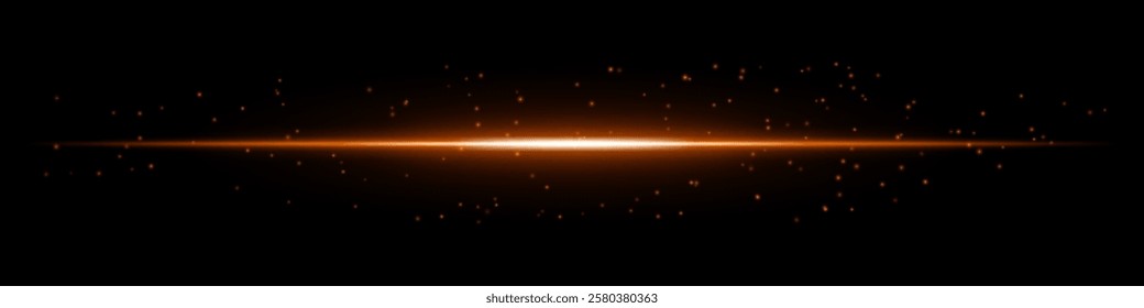 Glowing orange horizontal light beam with scattered particles on a dark background. Futuristic energy burst, laser effect, sci-fi illumination, and digital glow concept.