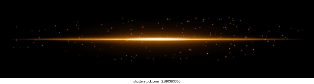 Glowing orange horizontal light beam with scattered particles on a dark background. Futuristic energy burst, laser effect, sci-fi illumination, and digital glow concept.