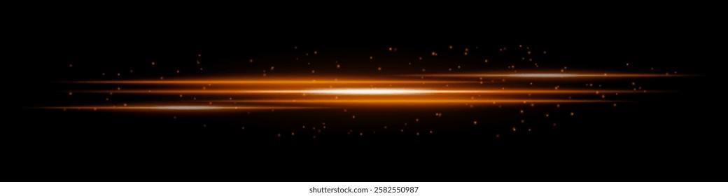 Glowing orange light streaks with scattered particles on a dark background. Futuristic energy flow, laser effect, neon illumination, and digital speed motion concept.