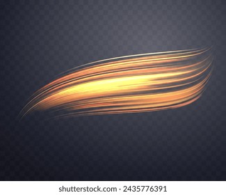 Líneas de color naranja brillante. Velocidad de energía realista de neón. Efecto de luz abstracta sobre un fondo transparente oscuro. Ilustración vectorial.