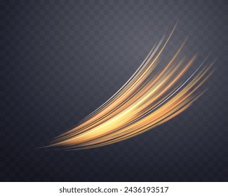 Glowing orange lines. Neon realistic energy speed. Abstract light effect on a dark transparent background. Vector illustration.