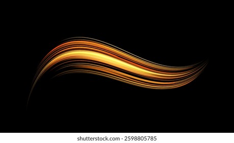 Glowing orange lines. Neon realistic energy speed. Abstract light effect on a dark background. Vector illustration.