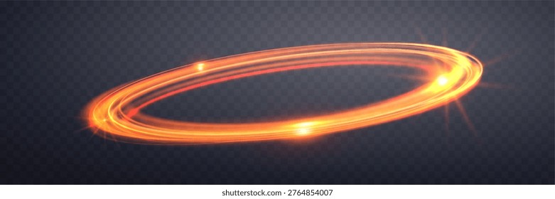 Glowing orange magic rings. Dynamic orbital flare halo ring. Neon realistic energy swoosh swirl. Abstract light effect on a dark transparent background. Vector illustration.