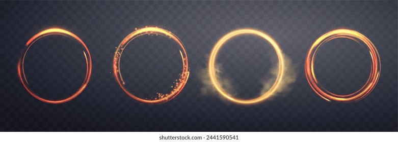 Anillos mágicos de color naranja brillante. Anillos de halo de energía de neón realista. Efecto de luz abstracta sobre un fondo transparente oscuro. Ilustración vectorial.