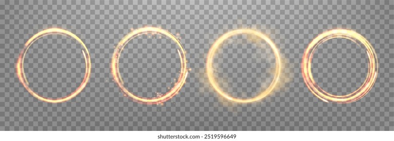 Glowing orange magic rings. Neon realistic energy flare halo rings. Abstract light effect on a transparent background. Vector illustration.
