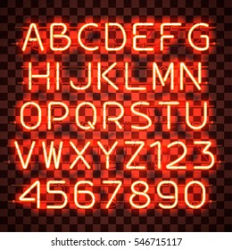 Glowing Orange Neon Alphabet with letters from A to Z and digits from 0 to 9 on transparent background. Glowing neon effect. Every letter is separate unit with wires, tubes, brackets and holders.