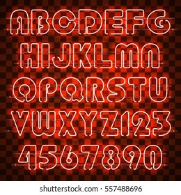 Glowing orange neon alphabet with letters from A to Z and digits from 0 to 9. Glowing neon effect. Every letter is separate unit with wires, tubes and holders and can be combined with other