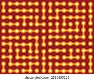 Glowing Orange Neon Grid of Digital Nodes. Connection and Data Flow Visualization