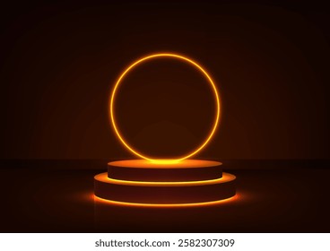 glowing orange neon ring hovers above a warmly lit cylindrical podium, creating a minimalist and futuristic technology concept perfect for product displays, mockups, and modern showcases