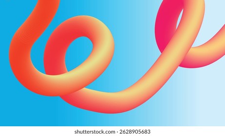 Um tubo 3D laranja-vermelho brilhante cruza o fundo azul com gradientes suaves. Visual energético perfeito para temas tecnológicos e mídia criativa.