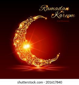 Glowing ornate crescent with bright flare and radiance in red shades. Greeting card of holy Muslim month Ramadan