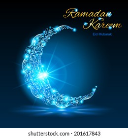 Glowing ornate crescent with bright flare and radiance in blue shades. Greeting card of holy Muslim month Ramadan