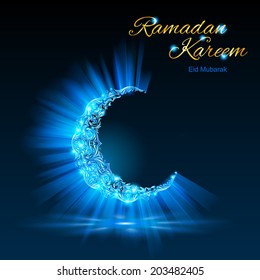 Glowing ornate crescent with bright flare and radiance in blue-green shades. Greeting card of holy Muslim month Ramadan 