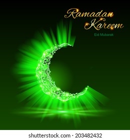 Glowing ornate crescent with bright flare and radiance in brilliant green shades. Greeting card of holy Muslim month Ramadan 