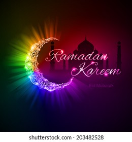 Glowing ornate crescent with bright flare and radiance in spectral   shades. Greeting card of holy Muslim month Ramadan 