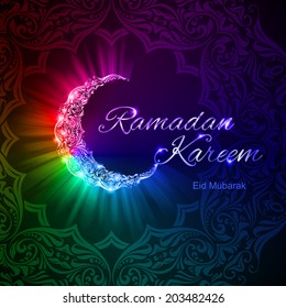 Glowing ornate crescent with bright lights in rainbow shades. Greeting card of holy Muslim month Ramadan 