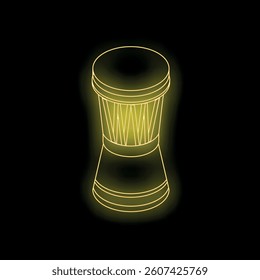 Glowing outline of djembe drum creating a vibrant neon effect on a dark background