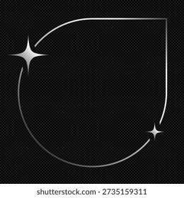 Glowing outline frame vector. Minimal curved border with sparkle accents on dark textured background. Elegant modern graphic for branding and banners.
