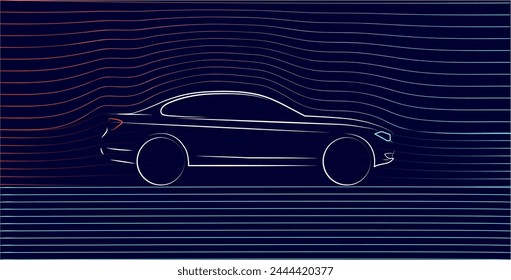 Contorno brillante de un coche de pasajeros con ondas aerodinámicas sobre un fondo azul.
Ilustración vectorial Abstractas