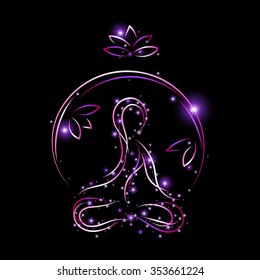glowing outline of woman in yoga pose and lotus on black background, vector illustration