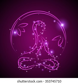 glowing outline of woman in yoga pose on black background, vector illustration