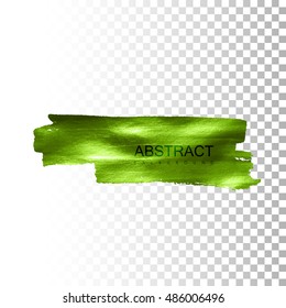 Glowing paint stain banner. Vector green paint. Abstract glittering textured stain. Vector illustration of a green foil banner or label on transparent checkered background